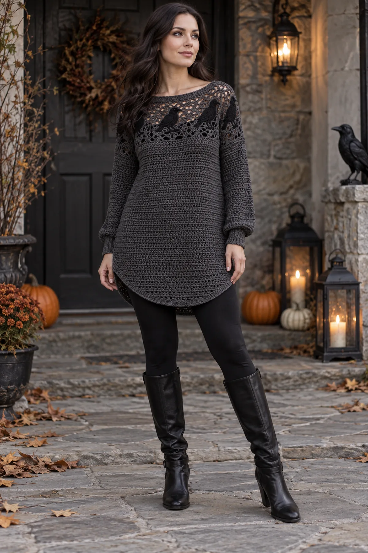 Finished women's halloween crochet raven lace tunic shown full length on an adult woman in a moody editorial crochet fashion setting