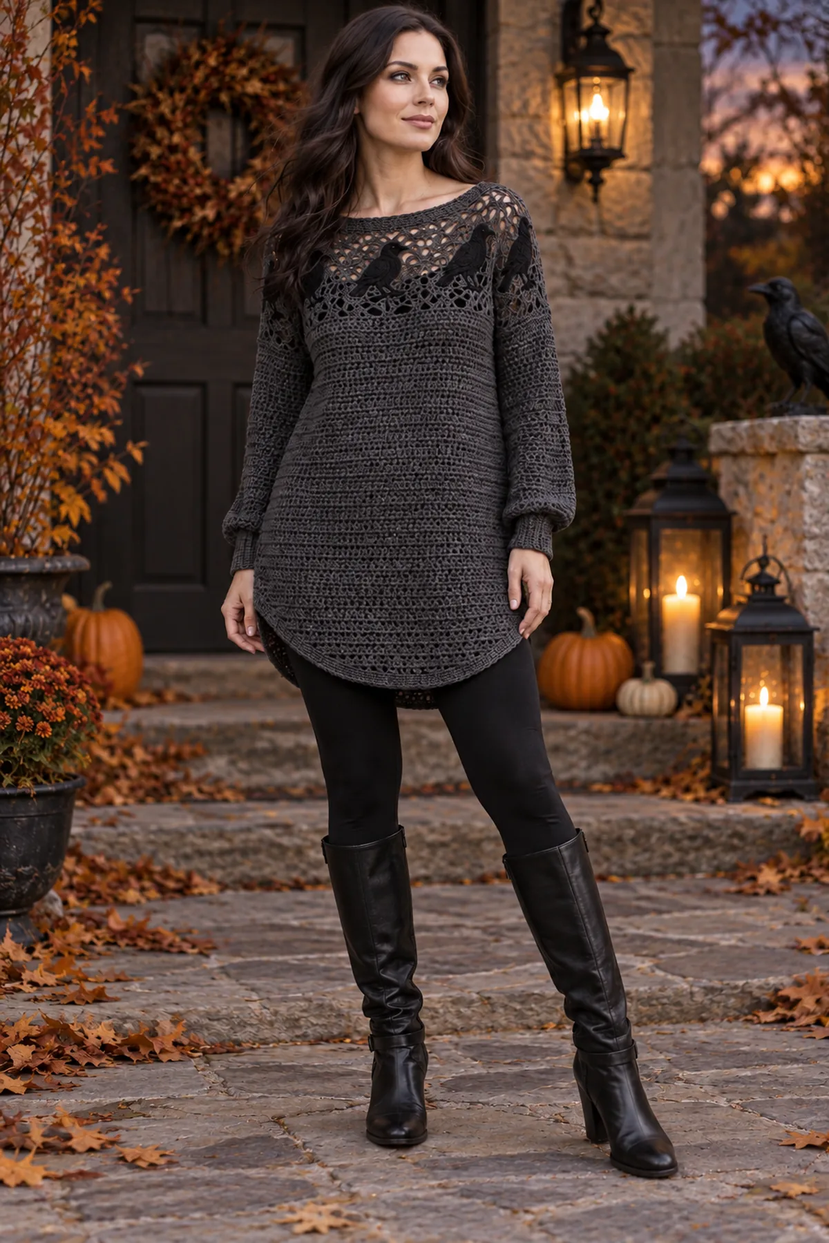 Finished women's halloween crochet raven lace tunic worn as a charcoal drop-shoulder tunic with long cuffed sleeves, a raven-feather lace yoke, and a gently curved hem in a complete witchy fashion look