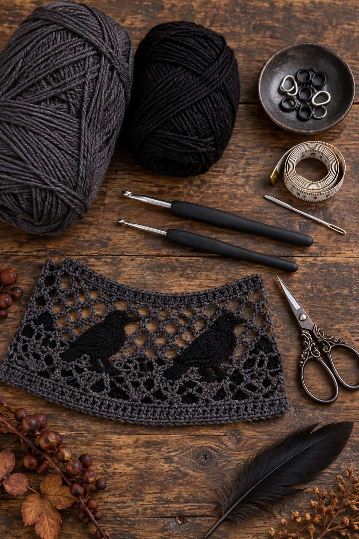 Yarn, hook, stitch markers, tape measure, needle and scissors arranged for women's halloween crochet raven lace tunic