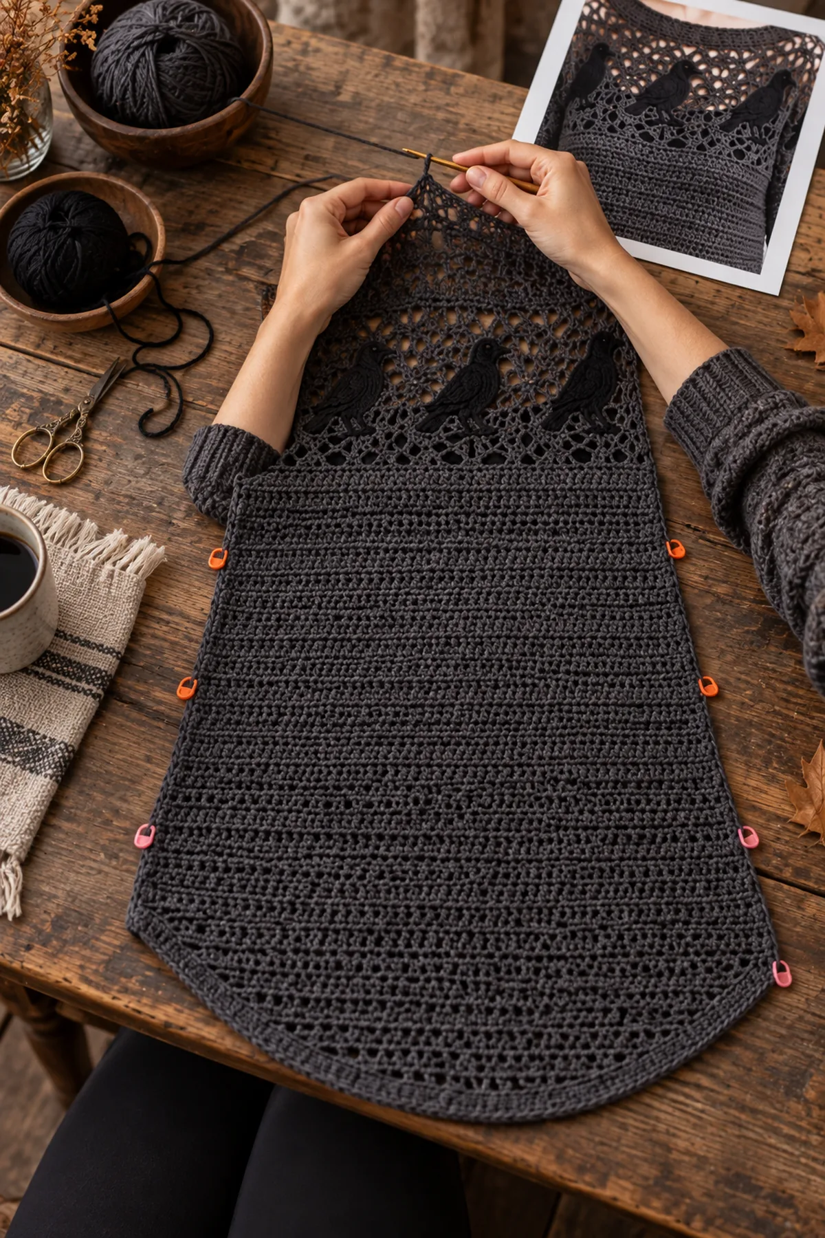 Early construction of women's halloween crochet raven lace tunic with counted crochet rows and removable stitch markers