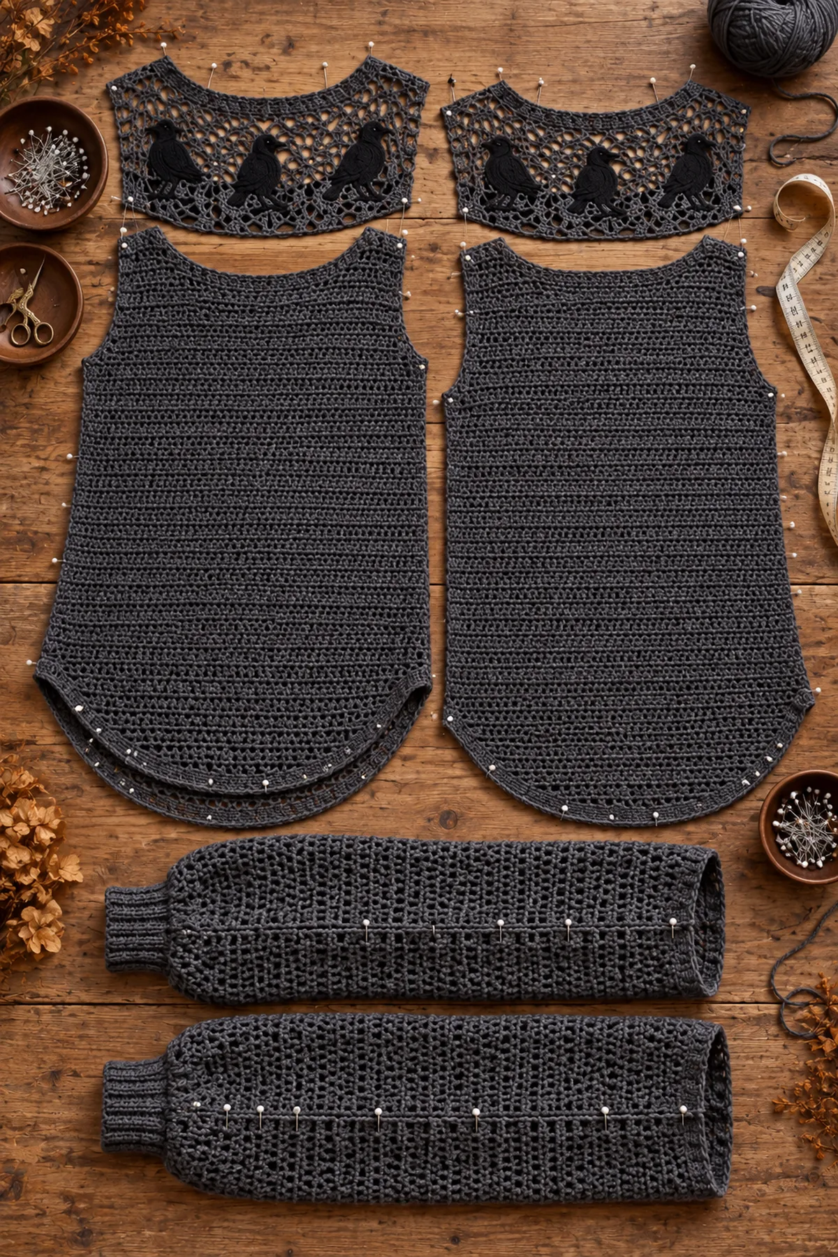 Mid-construction assembly for women's halloween crochet raven lace tunic showing matching garment panels and measured joins