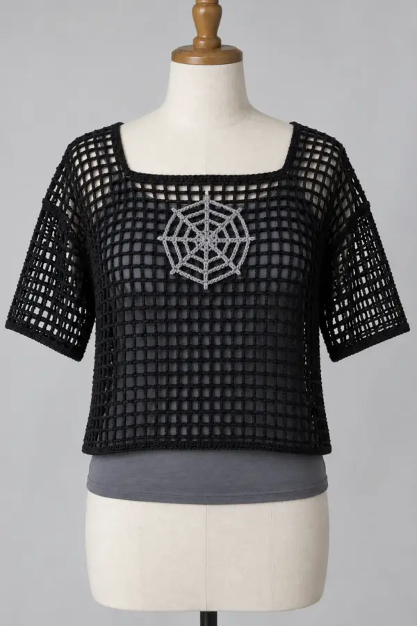 Women's Halloween Crochet Spiderweb Top Outfit - featured