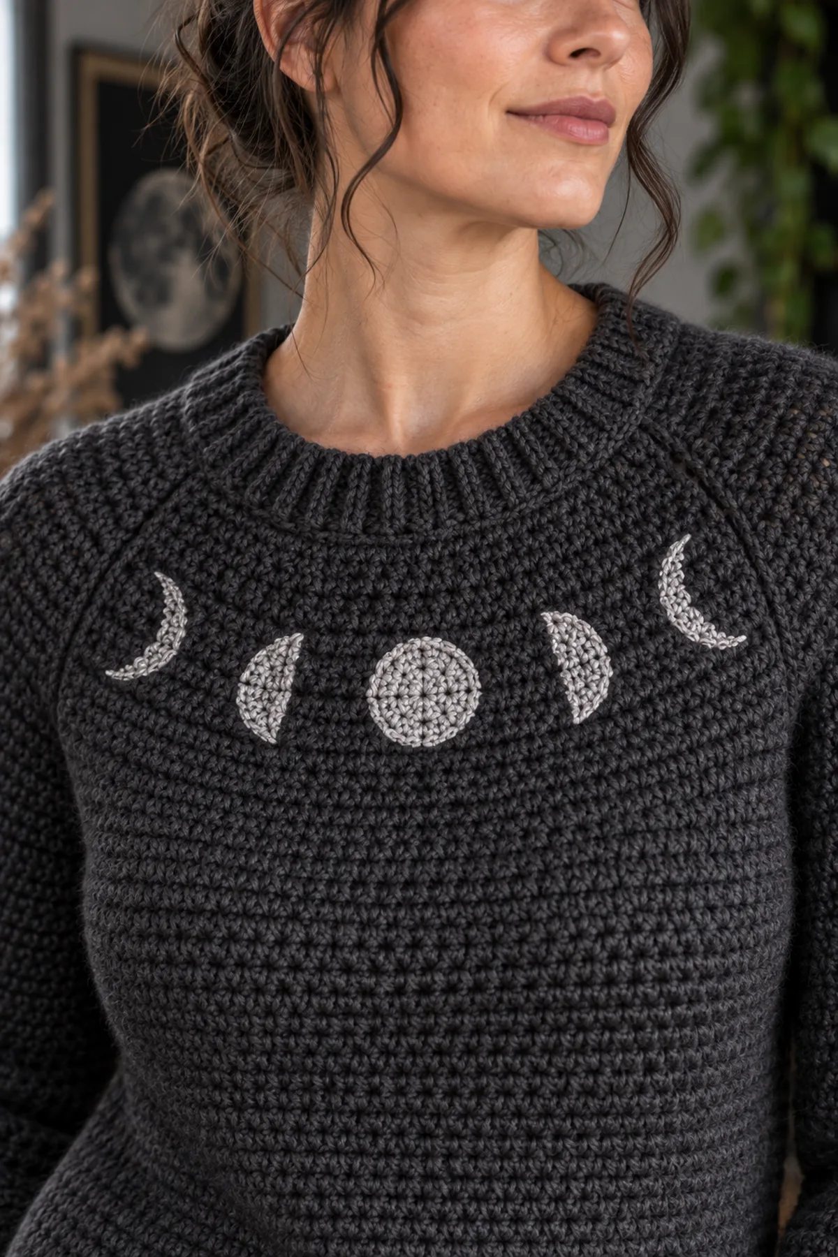 Close-up crochet texture and themed detail for women's witchy crochet moon phase raglan sweater