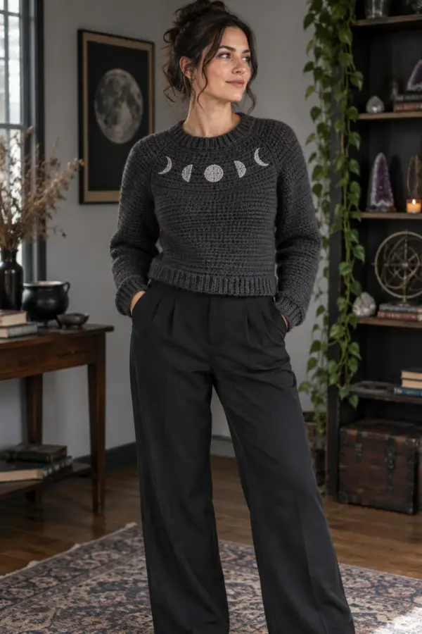 Finished women's witchy crochet moon phase raglan sweater shown full length on an adult woman in a moody editorial crochet fashion setting