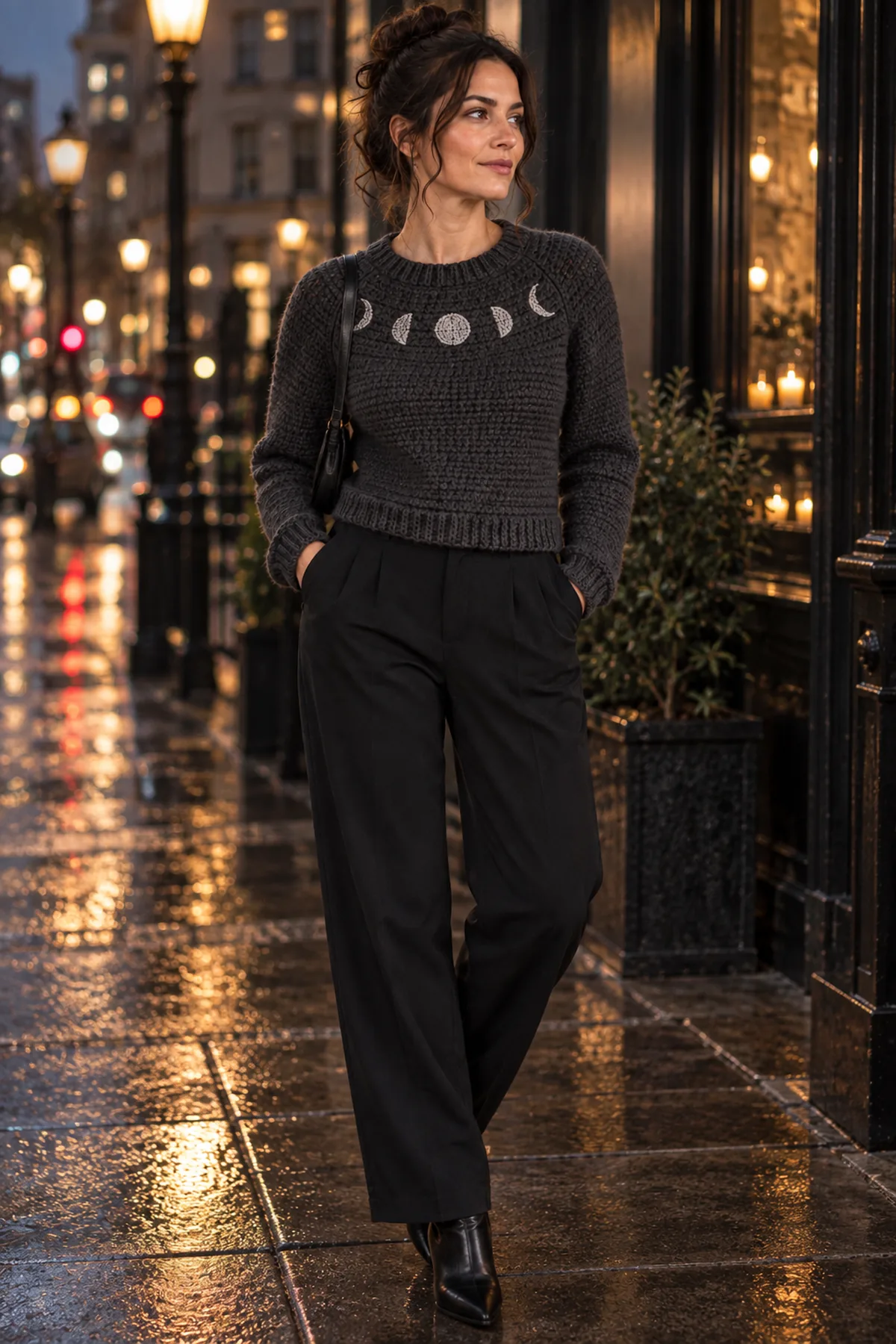 Finished women's witchy crochet moon phase raglan sweater worn as a top-down charcoal raglan sweater with four slim moon-phase surface-crochet bands and tapered long sleeves in a complete witchy fashion look
