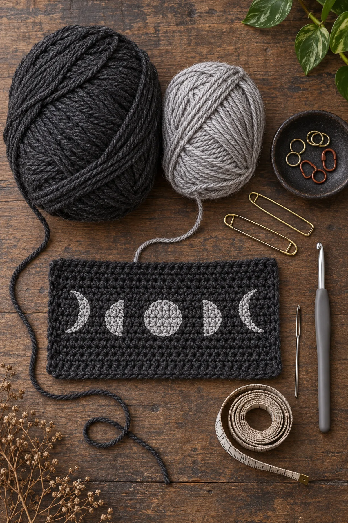 Yarn, hook, stitch markers, tape measure, needle and scissors arranged for women's witchy crochet moon phase raglan sweater