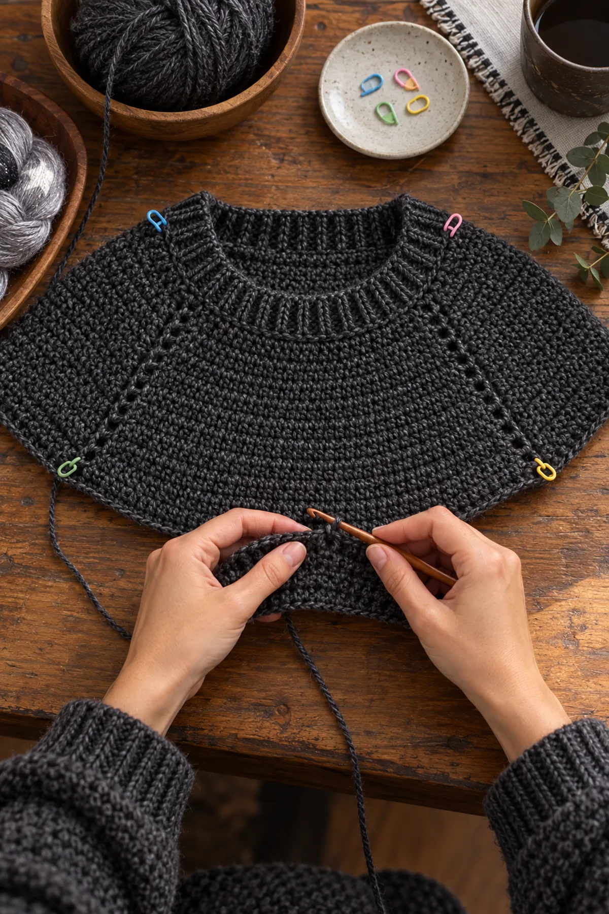 Early construction of women's witchy crochet moon phase raglan sweater with counted crochet rows and removable stitch markers