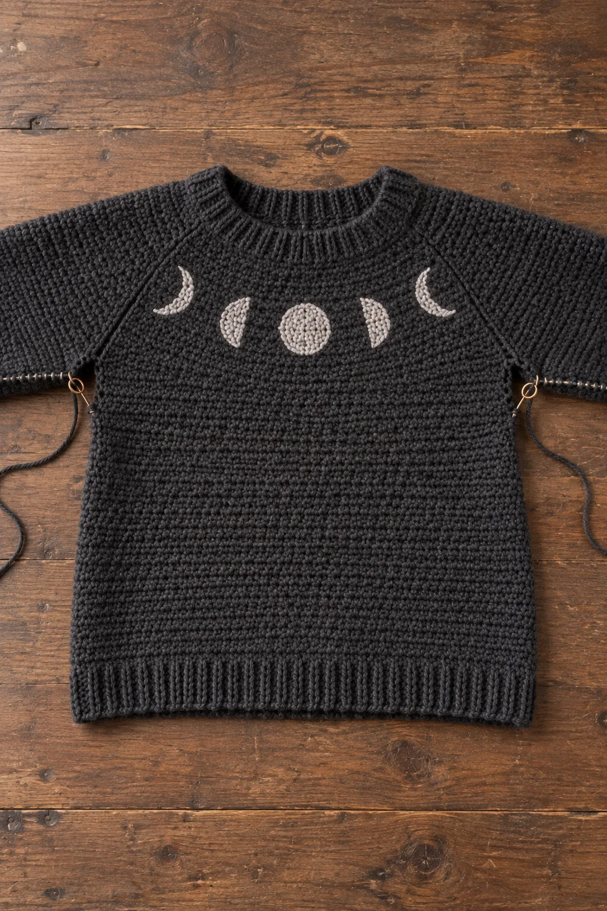 Mid-construction assembly for women's witchy crochet moon phase raglan sweater showing matching garment panels and measured joins
